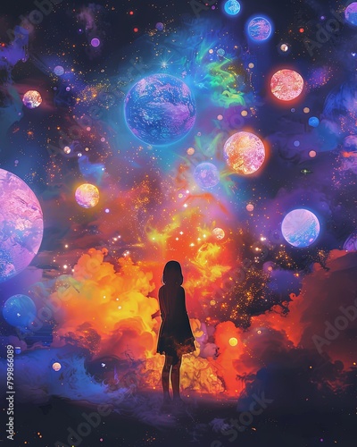 Fantasy art conceptual imaganiry woman facing lightning balls and nebula space