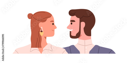 Young couple in love, man and woman character meeting, looking at each other....