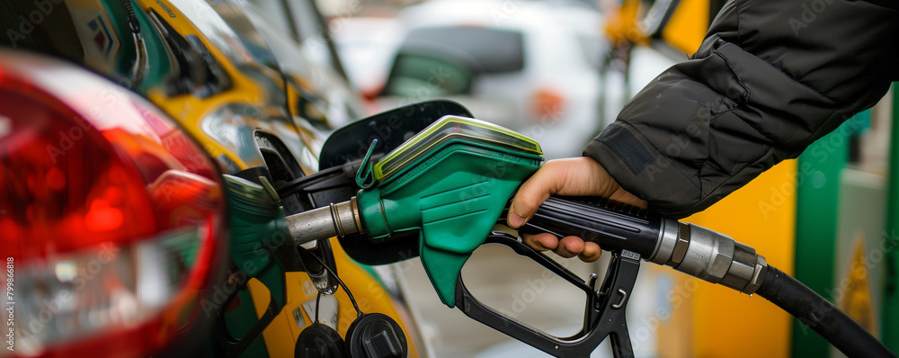 Hand Fueling Motorbike at Gas Station with Yellow Pump Nozzle Hand Fueling Motorbike at Gas Station with Yellow Pump Nozzle
