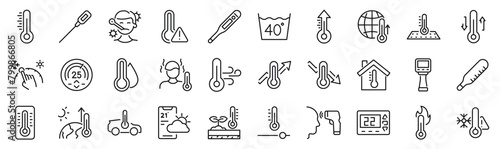 Set of 30 outline icons related to temperature, thermometer. Linear icon collection. Editable stroke. Vector illustration © SkyLine