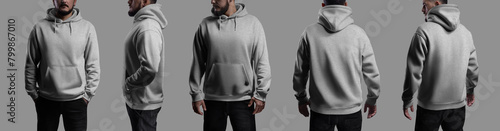 Template heahter oversized hoodie on a bearded man, streetwear with laces, hood, pocket, label for design, branding, set © olegphotor