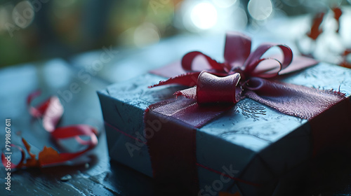 Gift boxes tied velvet ribbons and paper decorations on dark background. AI generative. photo