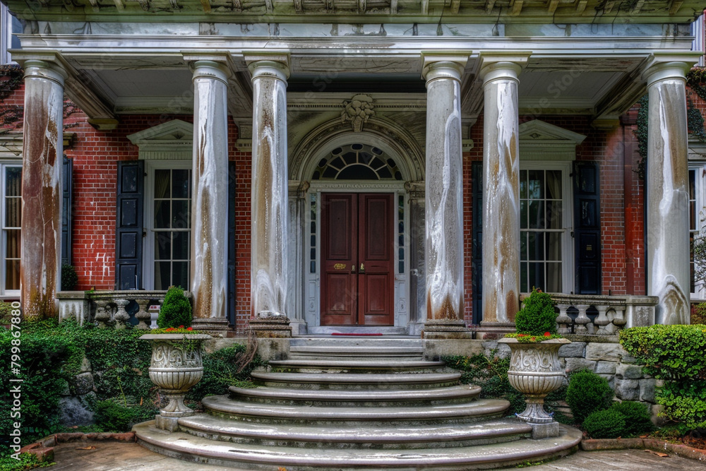 A stately Georgian mansion featuring a grand entrance adorned with Corinthian columns.