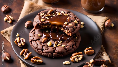 Chocolate caramel cookie with nuts and toffee syrup professional photo photo