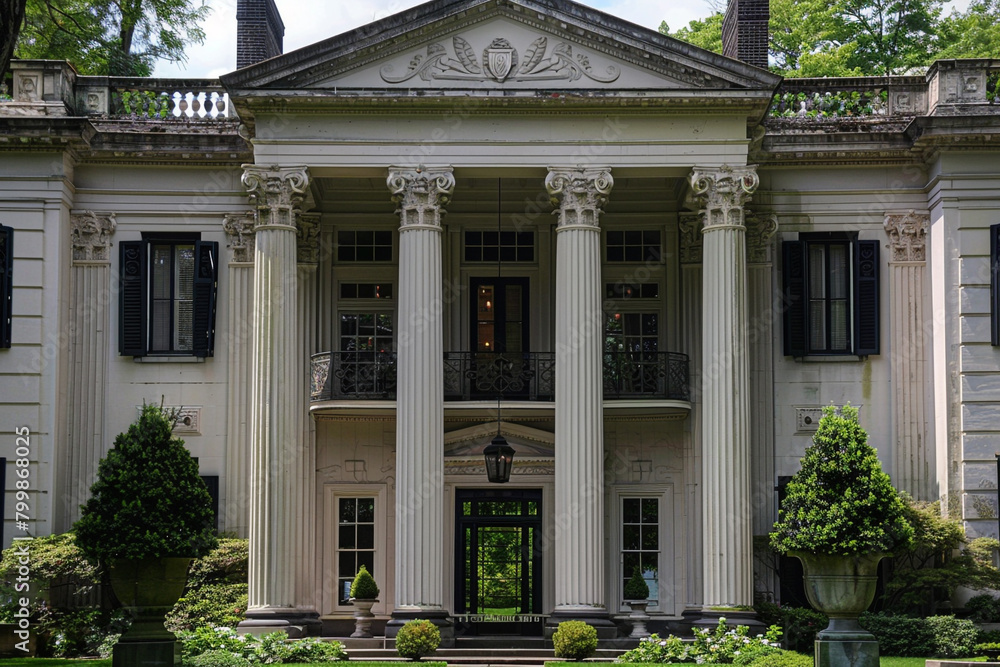 A stately Georgian mansion featuring a grand entrance adorned with Corinthian columns.