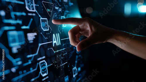 A hand is pointing to the word AI on a computer screen
