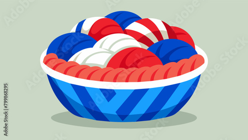 Vibrant strands of red white and blue yarn spill out from the basket in the center of the knitting circle waiting to be transformed into pieces of. Vector illustration