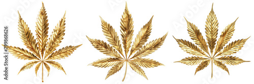 Set of A cannabis leaf, golden on a transparent background 