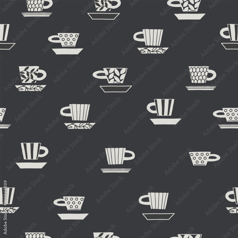 Seamless pattern. Hand drawn Blue and white pottery decorated with patterns in Scandinavian style. Hot drinks, Pottery, holidays concept. For wrapping paper, other design projects