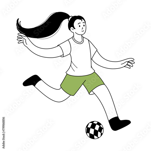 Football outline illustration. Soccer player with ball. Character for sports standings, web, postcard, mascot, sport school. Healthy lifestyle background. Vector line illustration.