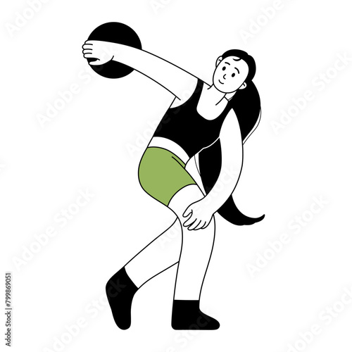 Disc thrower outline illustration. Athlete throwing discus icon. Character for sports standings, web, postcard, mascot, sport school. Healthy lifestyle background. Vector line art illustration.