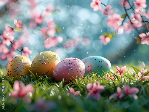 Easter Eggs Peeking out Among Delicate Spring Blossoms in Serene Nature Scene