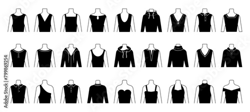 Neckline types. Different necklines of dresses, t-shirts, shirts and sweatshirt. Women dummy various neck line type. Female decolletage decent vector set