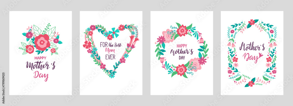 Mothers day cards design. Love mom, best mother creative handwritten phrases and doodle flowers frames and wreath, neoteric vector posters