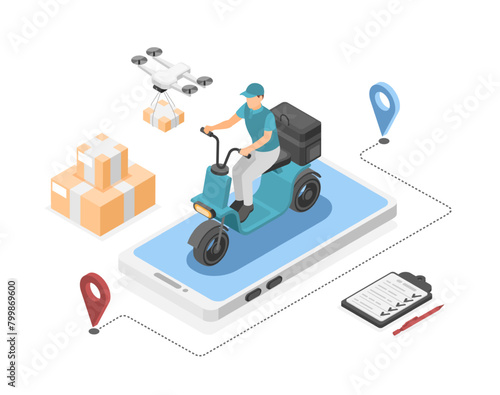 Isometric delivery service. Courier on scooter with parcels. Drone transports boxes, post worker and smartphone. Logistic flawless vector concept