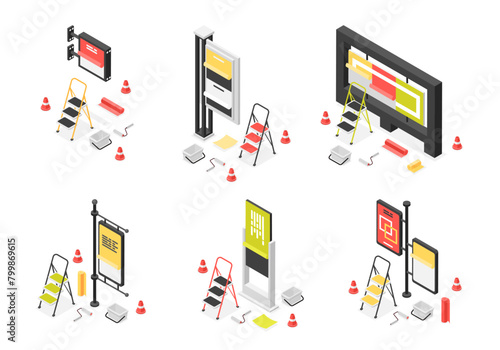 Isometric street billboards. Outdoor advertising billboard and displays with info placards. Ladders, rollers and papers, urban marketing flawless vector scenes