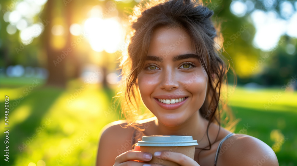 Joyful woman holding a coffee cup outdoors on a sunny day. Joyful woman holding a coffee cup outdoors on a sunny day.