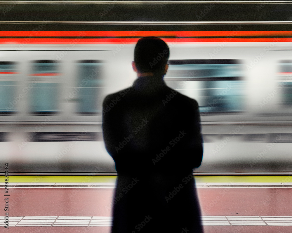 Man standing in front of moving subway train Man standing in front of moving subway train