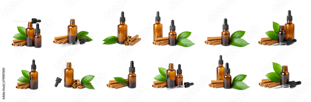 Cinnamon aromatic essential oil and cinnamon sticks isolated on white background. Aromatherapy. Organic cosmetic oil. Spa concept.