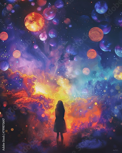 Fantasy art conceptual imaganiry woman facing lightning balls and nebula space