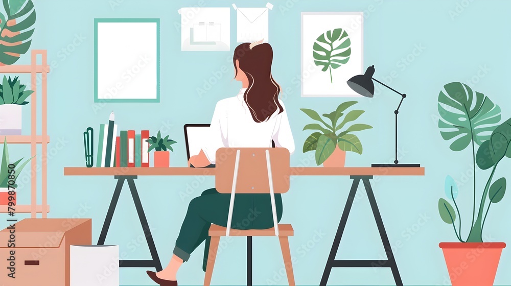 Woman Working from Home in Graphic Design-inspired Illustration Woman Working from Home in Graphic Design-inspired Illustration