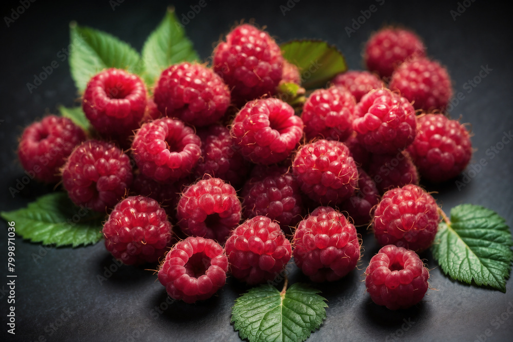 Raspberry with leaves ai generated. Raspberry on black background top view. Generative AI. Raspberry with leaves ai generated. Raspberry on black background top view. Generative AI.