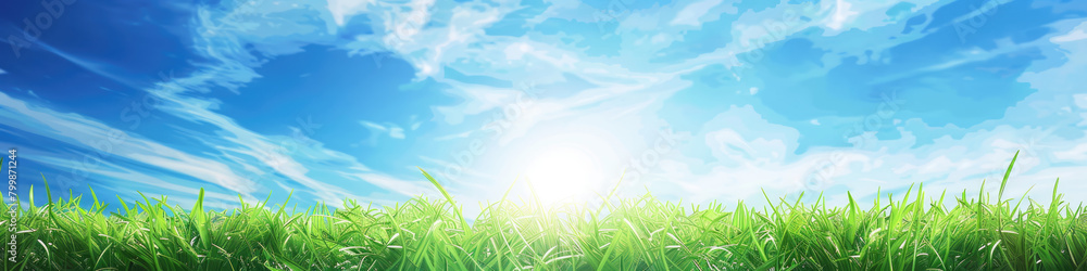 Fototapeta premium Realistic green grass and blue sunny sky landscape background 