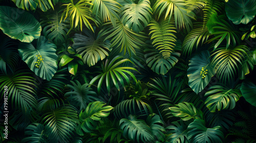 Tropical Flowers and Blue Monstera Leaves on a Dark Background
