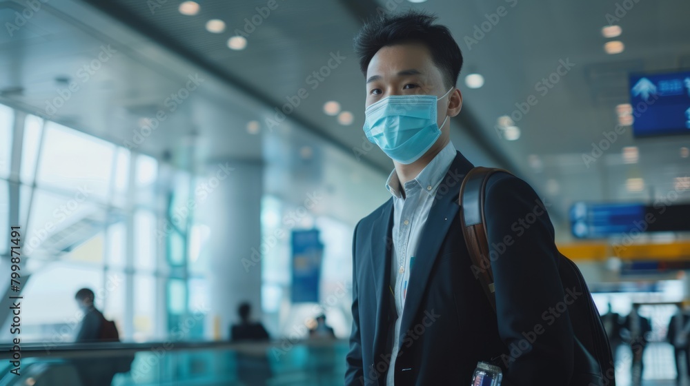 Asian business traveler wearing a mask waiting to board a plane Standing in the airport departure hall Male passenger traveling by plane during the covid19 virus outbreak Asian business traveler wearing a mask waiting to board a plane Standing in the airport departure hall Male passenger traveling by plane during the covid19 virus outbreak