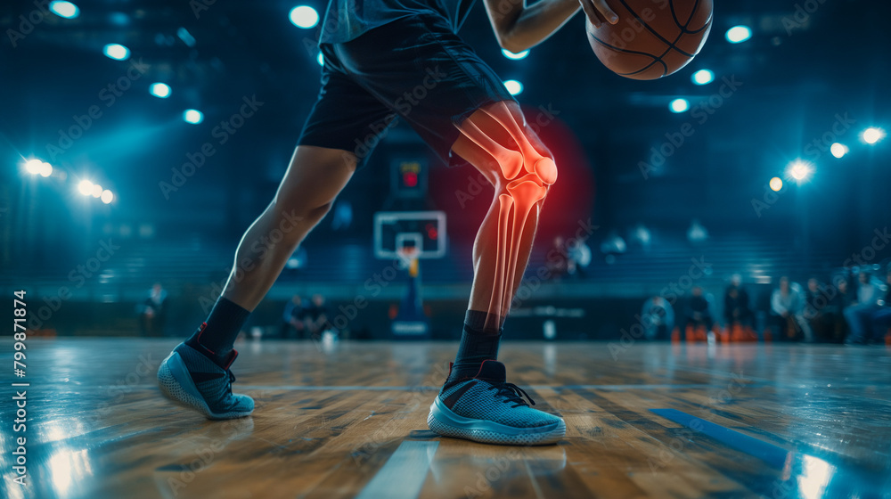 basketball player knee injury during play basketball competition match in stadium, with transparency highlight red bone injury effect, sport physical treatment and healthy concept basketball player knee injury during play basketball competition match in stadium, with transparency highlight red bone injury effect, sport physical treatment and healthy concept