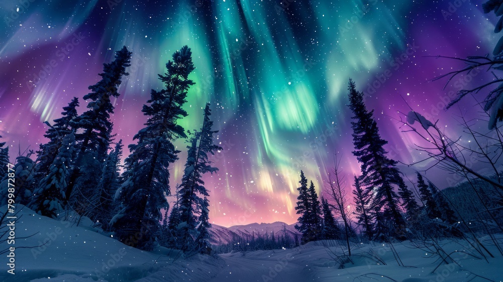 Beautiful Northern Lights with greens and purples in the winter sky over a snow-covered forest in Canada. Lights dance across the sky in the purest brushstrokes of nature. Beautiful Northern Lights with greens and purples in the winter sky over a snow-covered forest in Canada. Lights dance across the sky in the purest brushstrokes of nature.