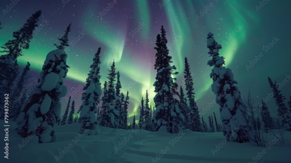 Obraz premium Beautiful Northern Lights with greens and purples in the winter sky over a snow-covered forest in Canada. Lights dance across the sky in the purest brushstrokes of nature.