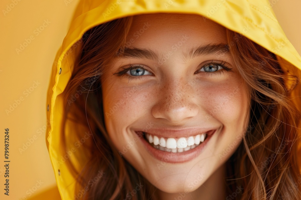 Smiling Young Woman in Yellow Raincoat, Close-Up - Happiness, Rainy Weather Apparel, Urban Fashion Smiling Young Woman in Yellow Raincoat, Close-Up - Happiness, Rainy Weather Apparel, Urban Fashion