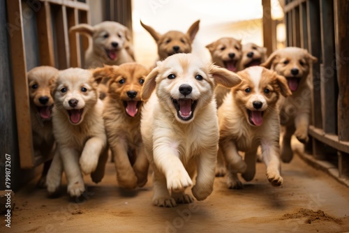 Joyful snapshot of a litter of puppies eagerly exploring their surroundings, their tails wagging with excitement as they await their forever homes