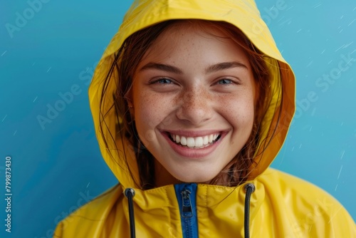 Smiling Young Woman in Yellow Raincoat, Close-Up - Happiness, Rainy Weather Apparel, Urban Fashion