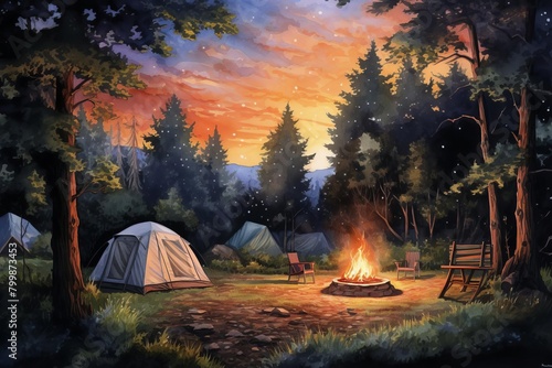 Watercolor portrayal of a campsite at dusk, with a tent lit from within and a campfire casting a warm glow on the surrounding trees photo