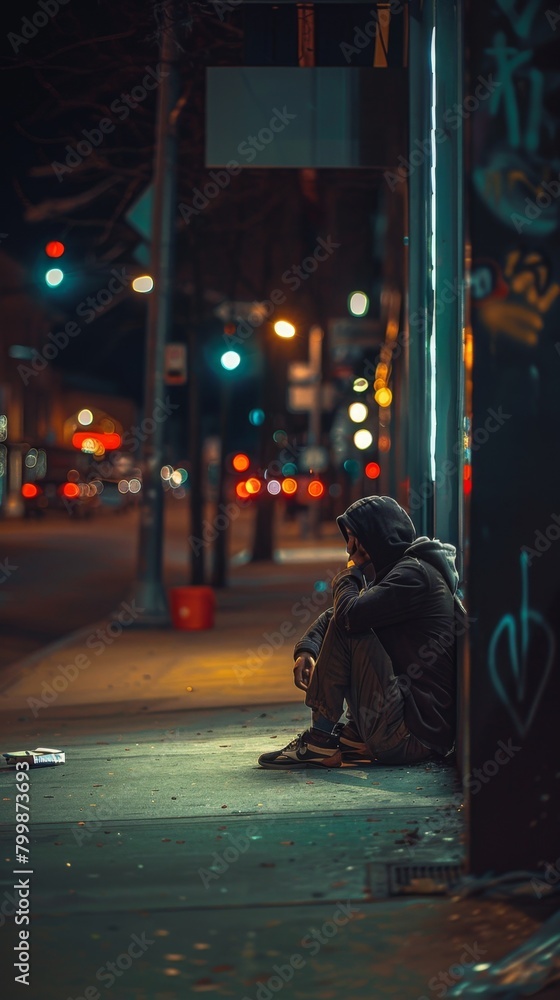 Man sitting on the sidewalk at night. Vertical background 