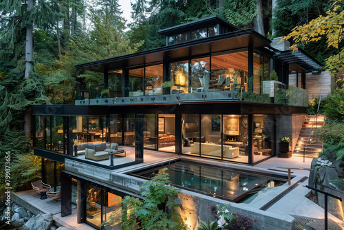 An architectural masterpiece blending glass, steel, and concrete, harmonizing with the natural surroundings.