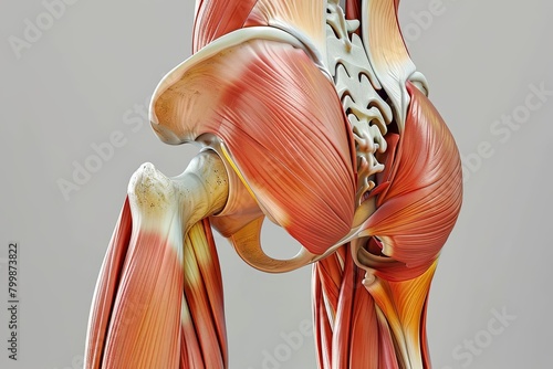 3D diagram of hip muscles illustrating bursitis, in a clinical color palette photo