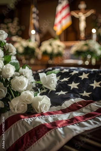 Commercial-style closeup of American flag on coffin with white roses. Patriotic funeral concept