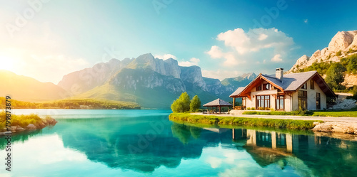 A vacation home next to a lake with emerald-clear water and beautiful scenery.