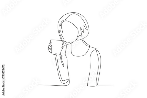 Woman enjoying coffee in the morning. Coffee morning concept one-line drawing