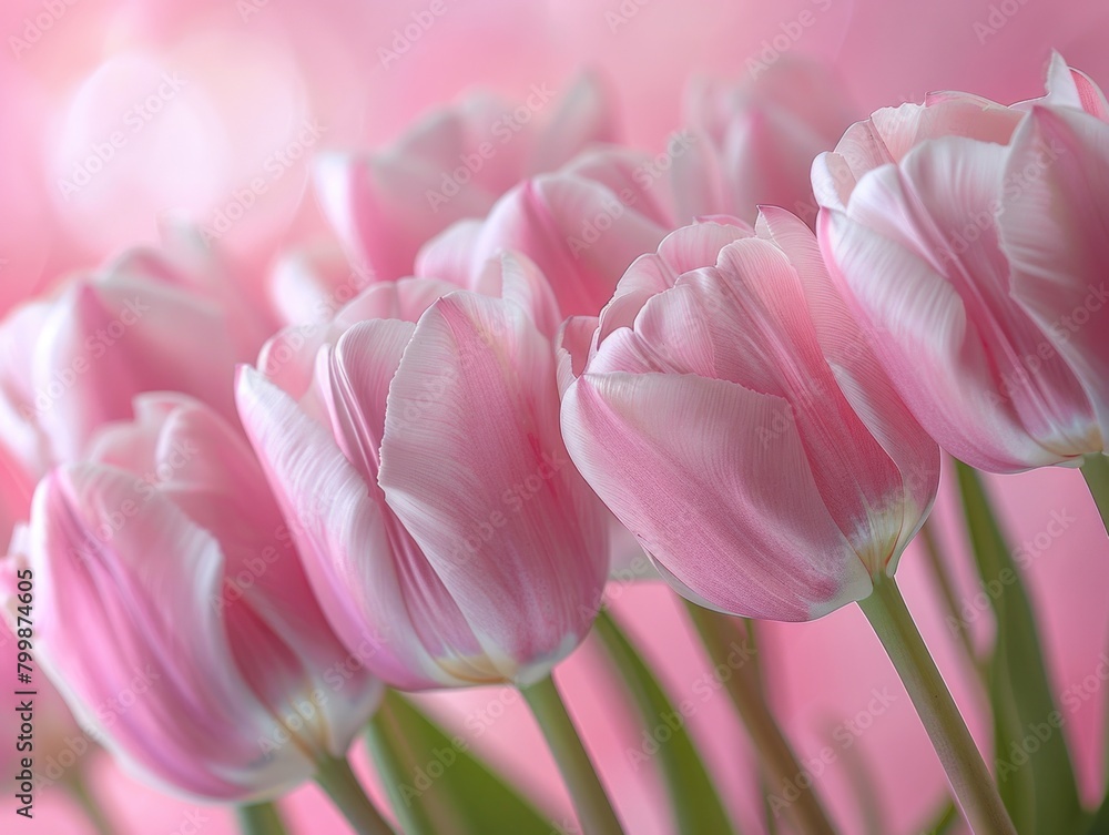 Fototapeta premium spring flower composition with delicate pink tulips against a pastel pink background.