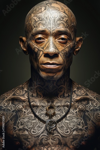  A Surreal portrait illustration of a stoic African American male prisoner, aged 55, adorned with symbolic tattoos that tell the story of his life and struggles
