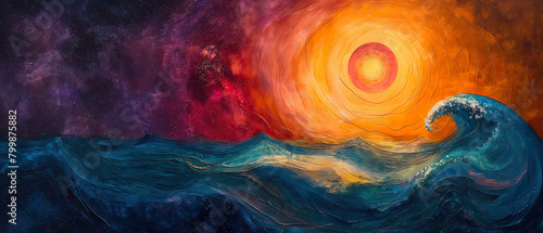 Oil Painting Depicting The Sea And Sunset.  Generative AI