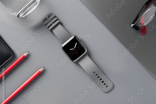 Modern Workspace: Sleek Smartwatch with Writing Accessories and Gray Tones
