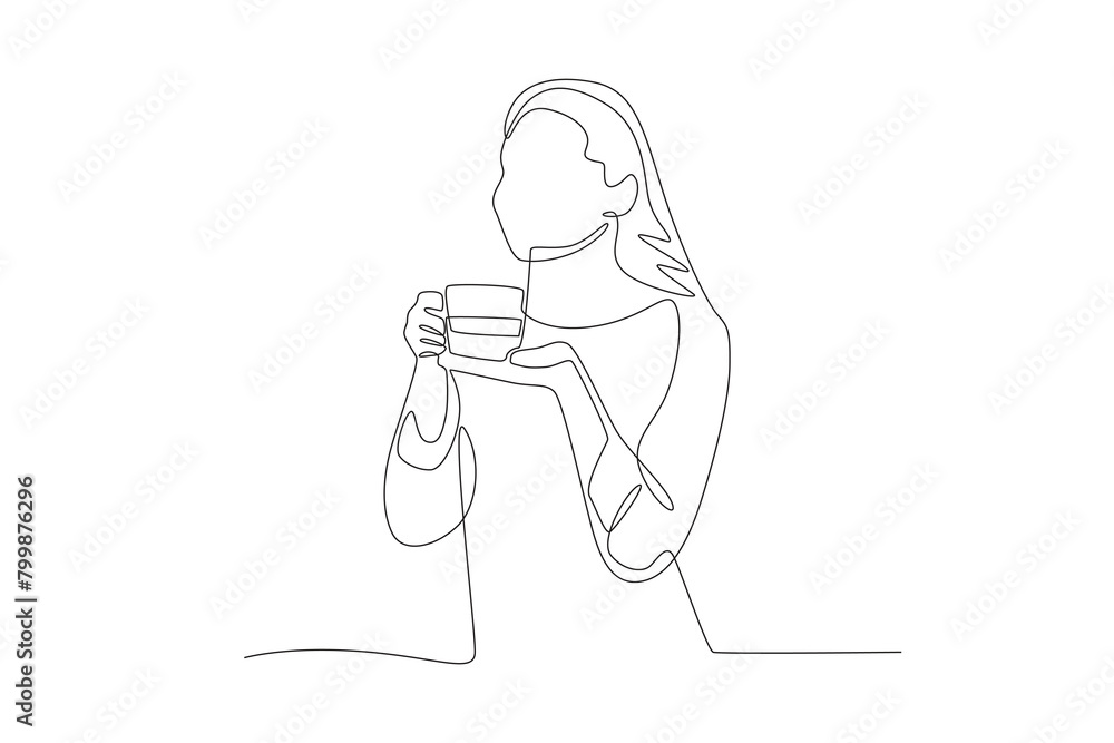 Woman inhaling the aroma of morning coffee. Coffee morning concept one-line drawing Woman inhaling the aroma of morning coffee. Coffee morning concept one-line drawing