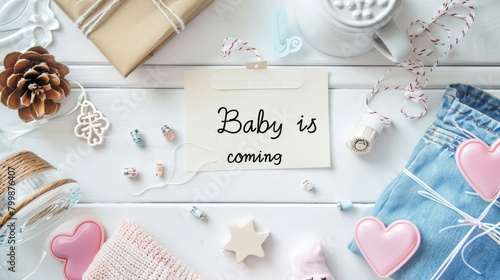 Pregnancy announcement, baby is coming concept, top view with baby toys and item in background