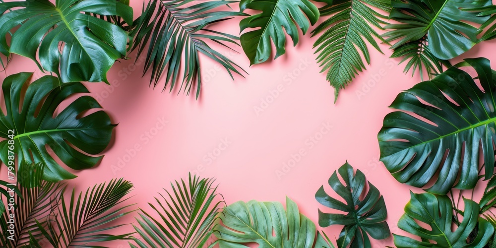 Tropical monstera and palm leaves on pink background, summer creative layout with copy space