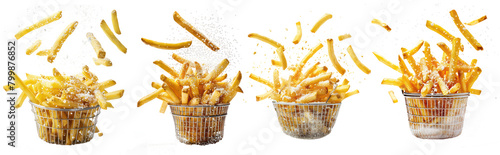 Set of French fries being sprinkled with salt on the stainless steel basket. isolated on transparent background.